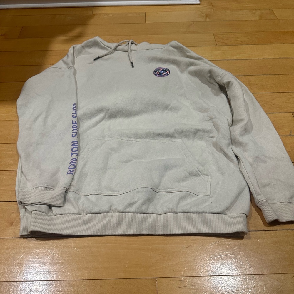 Roxy Ron Jon Surf Shop Cream Hoodie with Purple Sleeve Text
